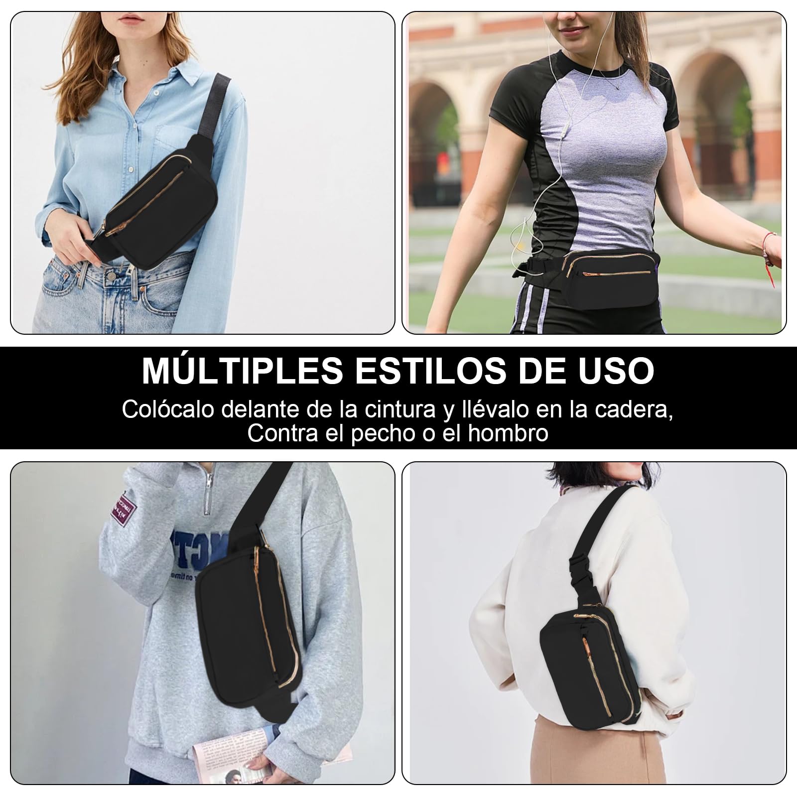 Cangureras de Moda de Mujer,Riñonera Moda Deportiva con Bandolera Ajustable, Impermeable y Ligero RiñOnera Unisex Adecuado para Viajar, Hacer Senderismo, Correr, Montar En Bicicleta (Negro)