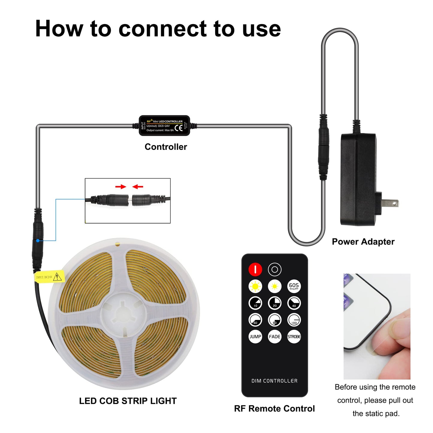 AXMOTUT COB - Tira de luces LED de color blanco cálido, tiras LED de alto brillo con 2400 LED, control remoto RF y fuente de alimentación UL, luces LED regulables de 3000 K para recámara, cocina,