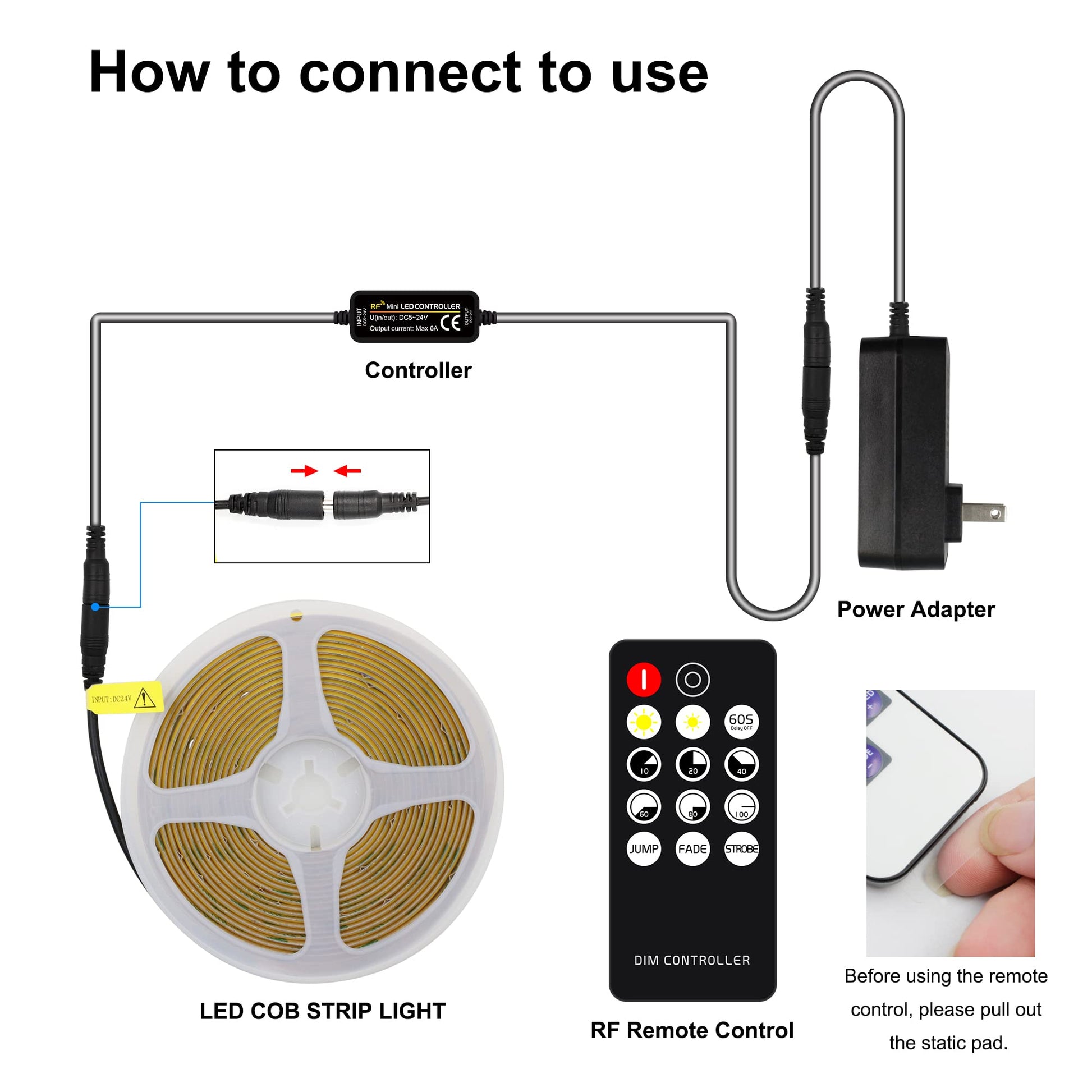 AXMOTUT COB - Tira de luces LED de color blanco cálido, tiras LED de alto brillo con 2400 LED, control remoto RF y fuente de alimentación UL, luces LED regulables de 3000 K para recámara, cocina,