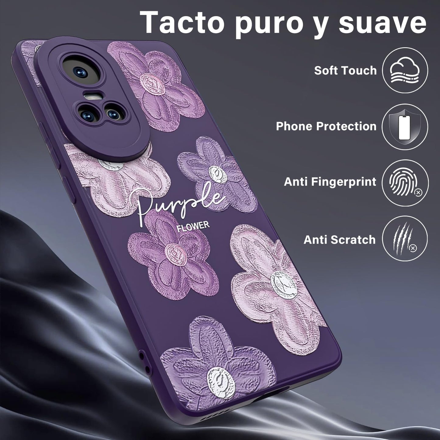 Threehao Funda para OPPO Reno 10 Case Uso Rudo, Ultra Delgado Flexible Púrpura Suave TPU Silicona Carcasa con Moda Aesthetic Dibujos Flores, Antigolpes Anti-arañazos Protectora