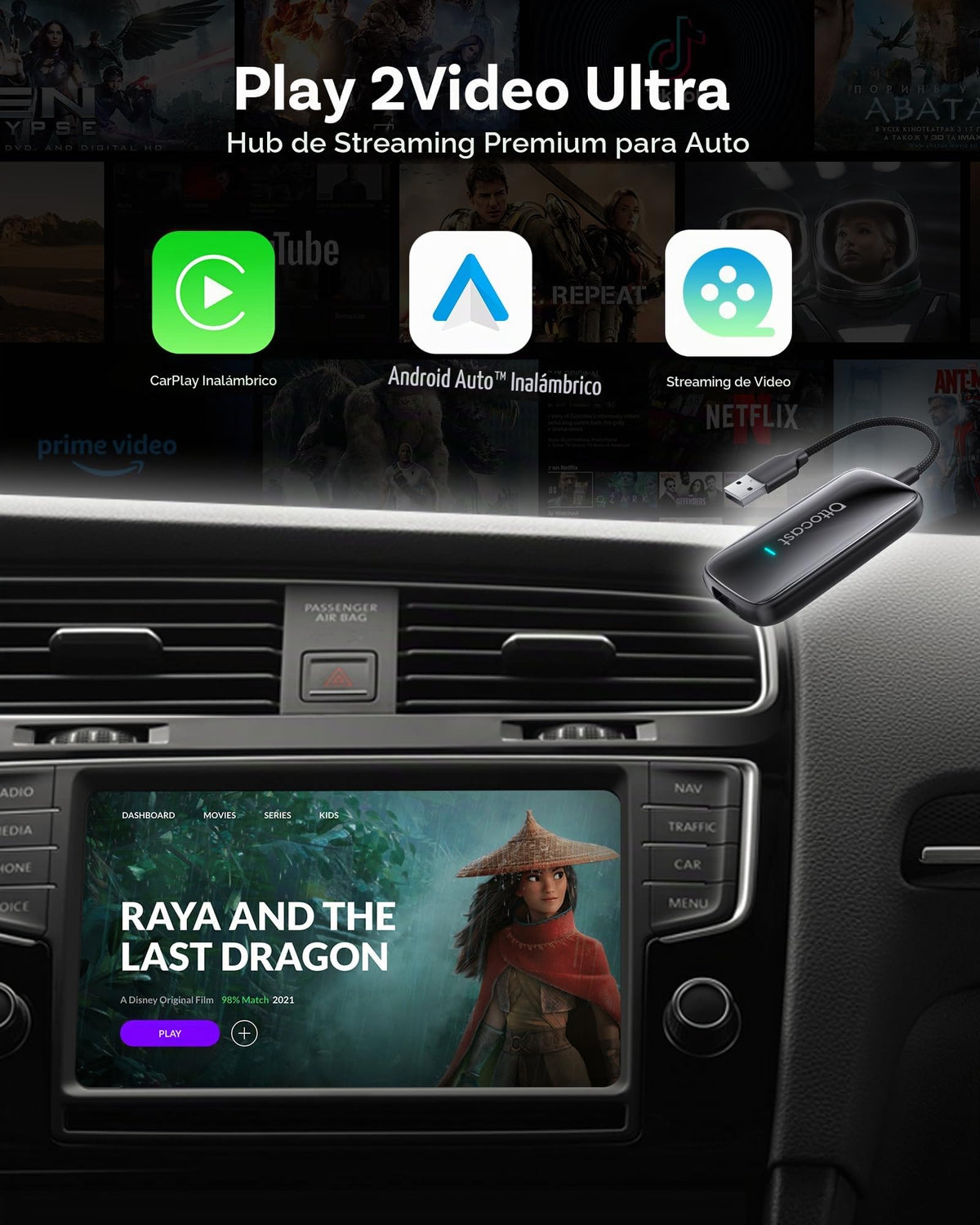 Adaptador Inalámbrico OTTOCAST Play2Video Ultra WiFi 5 GHz Compatible CarPlay y Android Auto para Coche