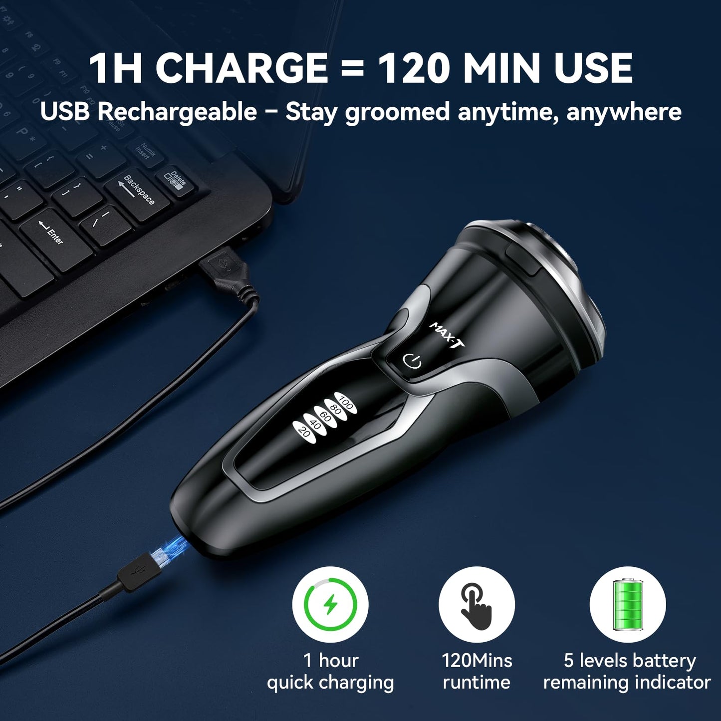 Maquinilla de Afeitar Eléctrica MAX-T Negro Recargable en Seco y Húmedo para Hombre