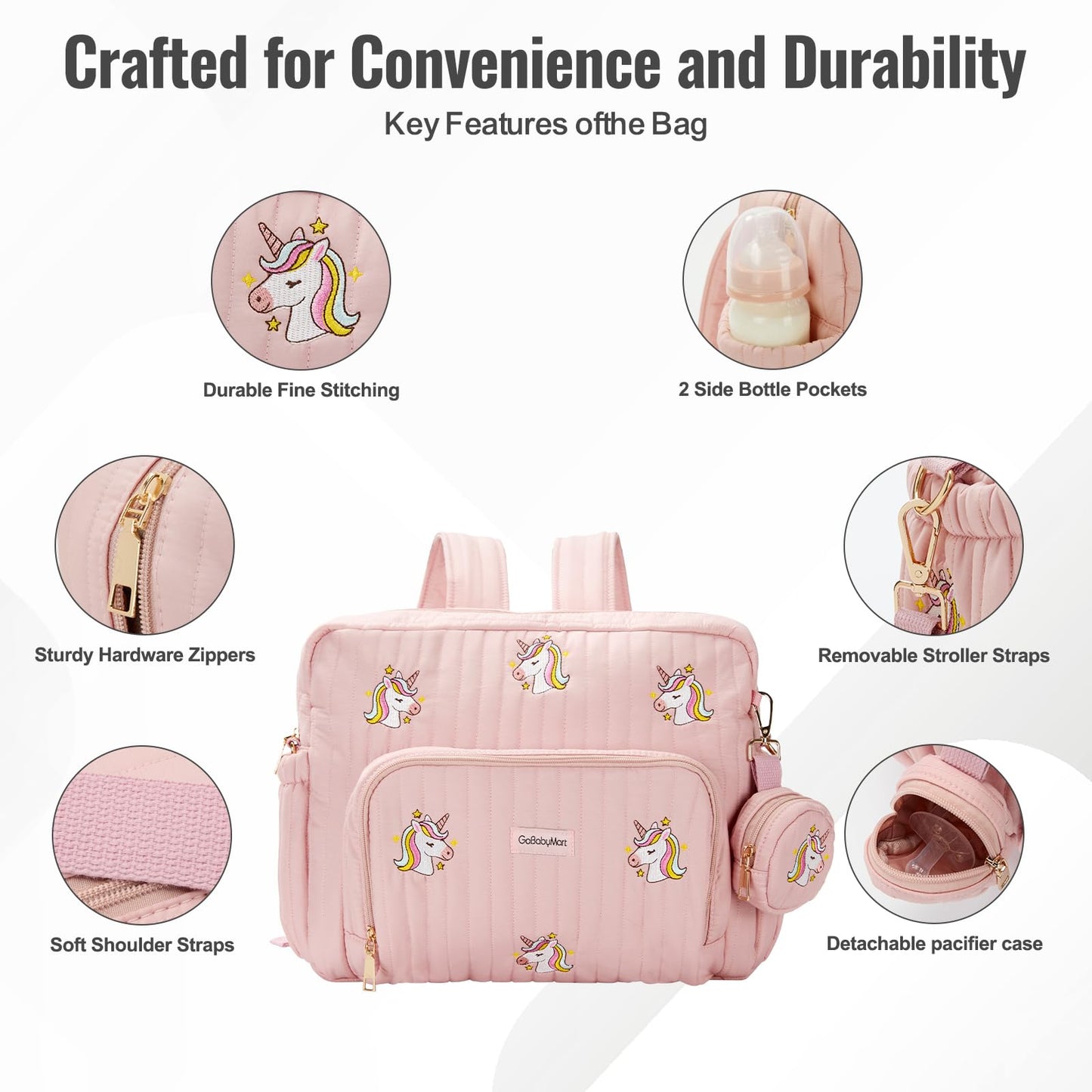 GOBABYMART - Mochila para pañales con cambiador, bolsa de viaje para bebé, bolsillos aislados para botellas, correas para carriola (medianas, unicornios rosas)