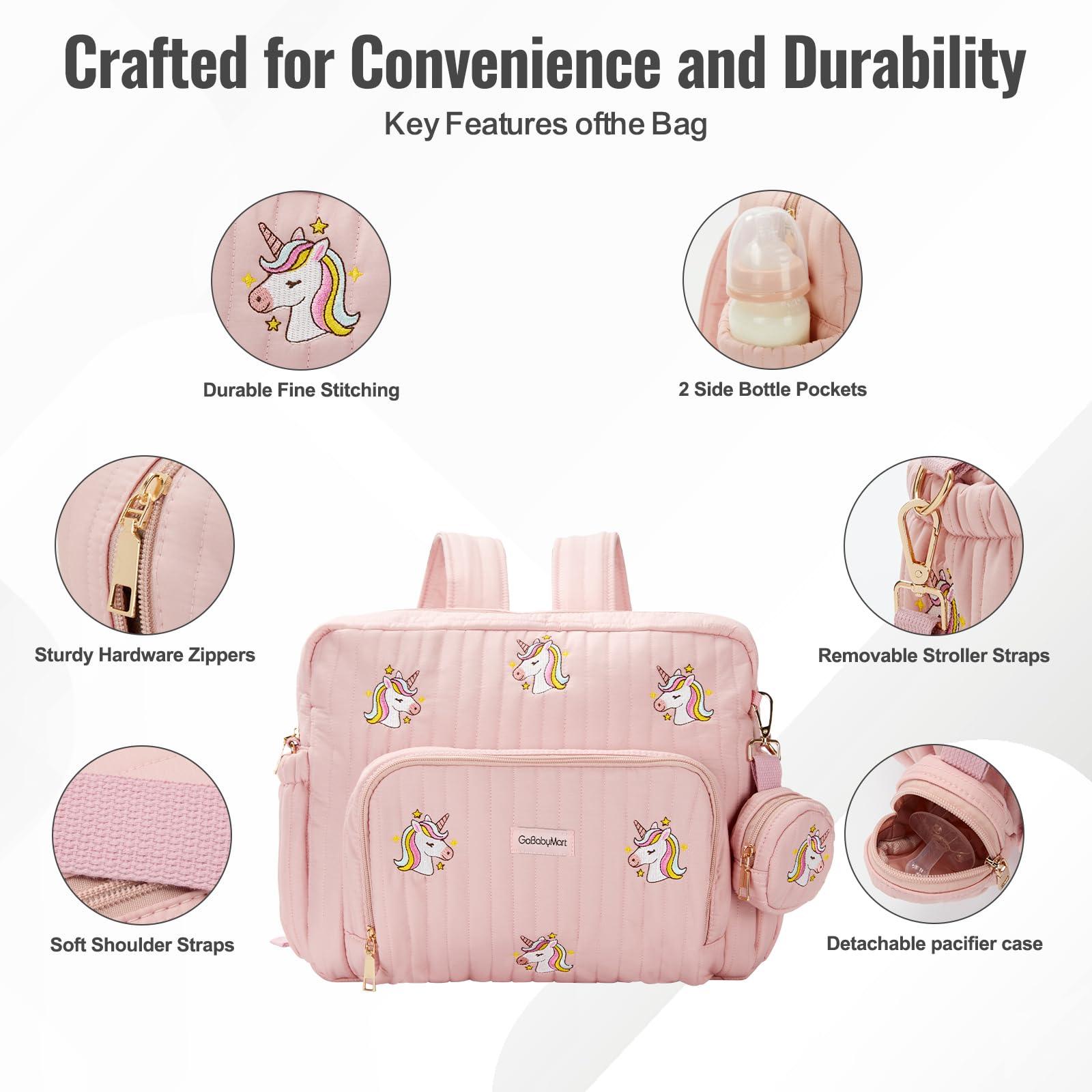 GOBABYMART - Mochila para pañales con cambiador, bolsa de viaje para bebé, bolsillos aislados para botellas, correas para carriola (medianas, unicornios rosas)