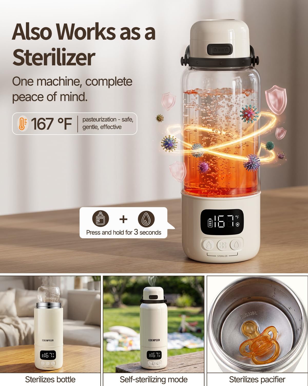 EDENPEER Calentador de botellas portátil, doble modo AC/DC Calentador de botellas de viaje para leche materna, fórmula y agua, calentamiento rápido de 120 W, calentador de leche portátil de 17 onzas