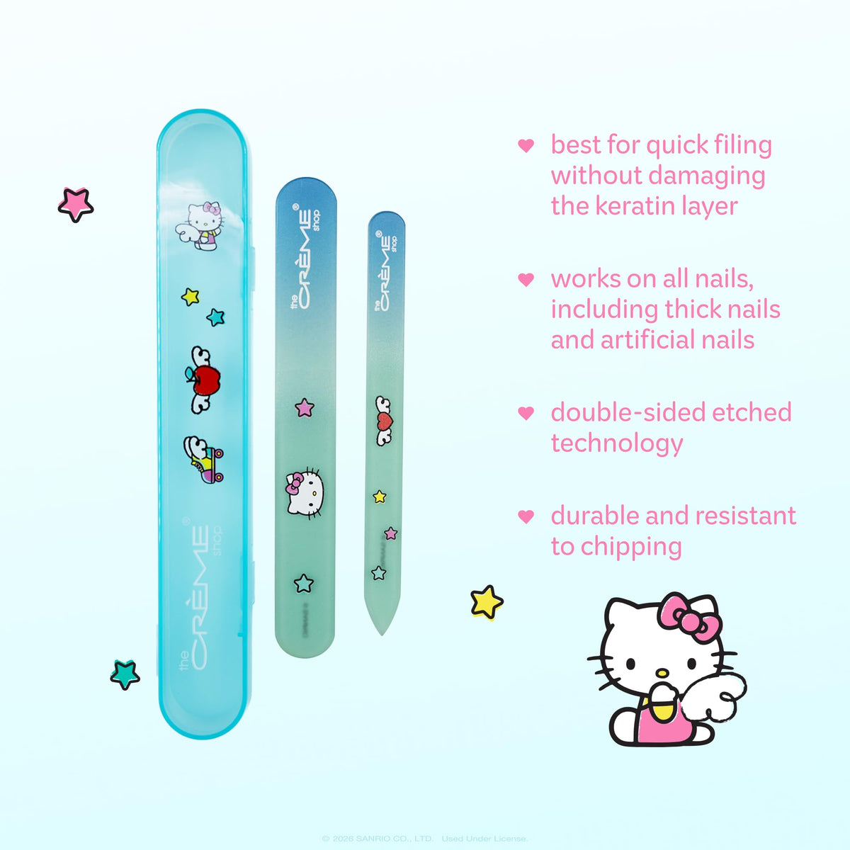 The Crème Shop Juego de limas de uñas de cristal Hello Kitty con estuche de viaje: limas de uñas de cristal grabadas de doble cara para dar forma, suavizar y cuidar las uñas con delicadeza.
