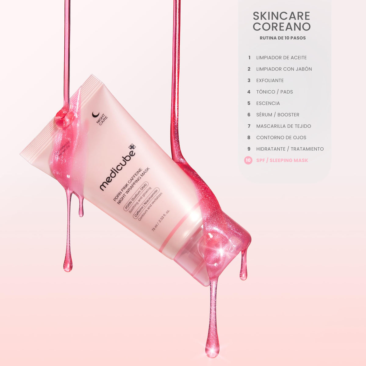 MEDICUBE PDRN Pink Caffeine Overnight Wrapping Mask, Mascarilla Facial Nocturna Peel-Off con PDRN de Salmón, Cafeína, Colágeno, Ácido Hialurónico y Péptidos, Hidratación y Glow, 75 ml