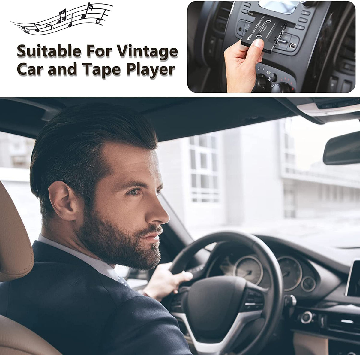 Adaptador Auxiliar de Casete Receptor Bluetooth 5.0 Negro para Música y Voz de Coche