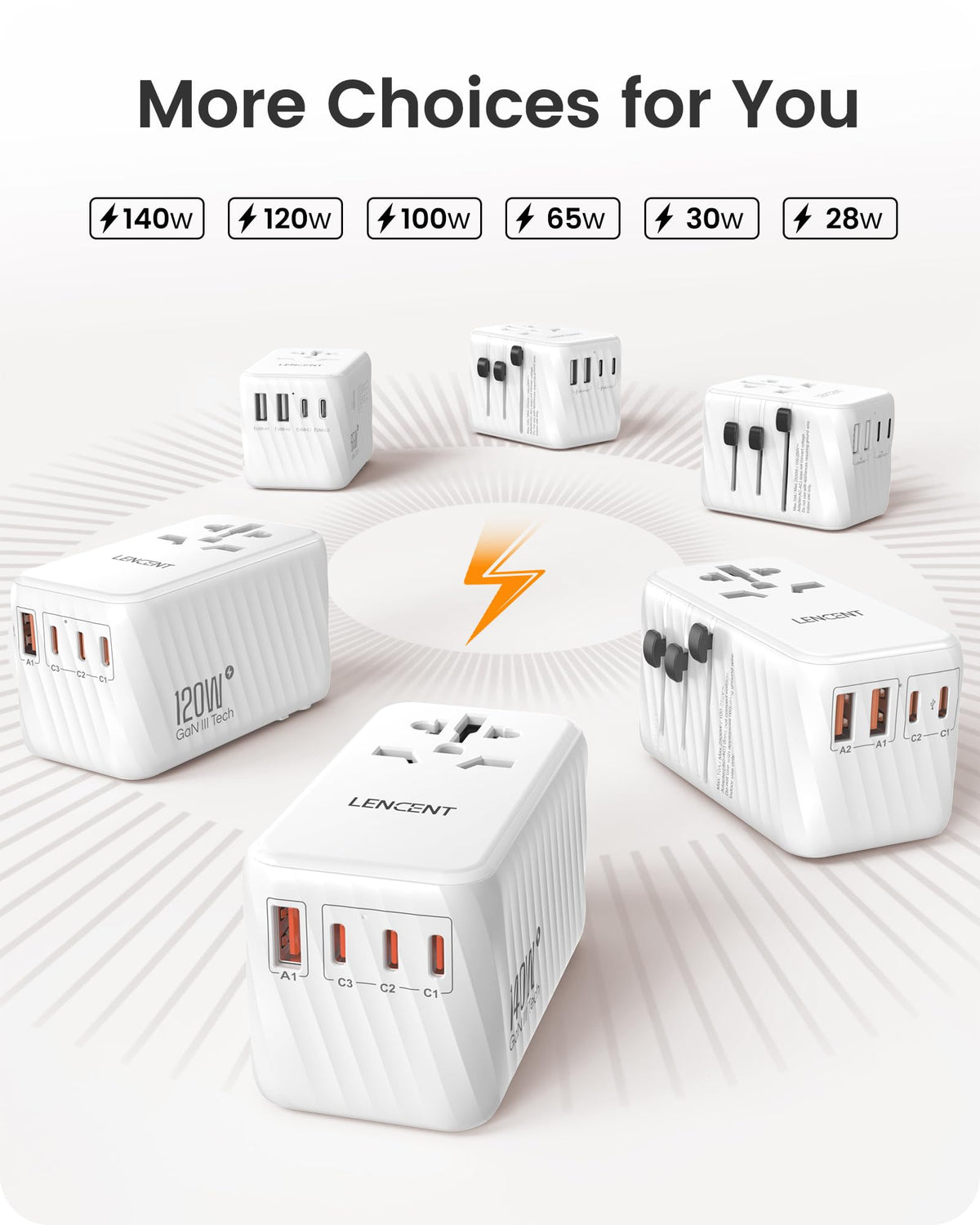 Adaptador Universal de Viaje LENCENT Negro GAN 120W Internacional