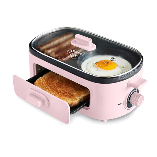 GreenLife - Estación de desayuno 3 en 1, cerámica antiadherente doble plancha para huevos, carne, panqueques y sándwiches + cajón de tostadas de 2 rebanadas, cocina saludable, temporizador, versátil