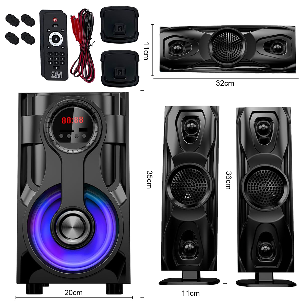 D&M Y14 Sonido Teatro en casa,con Subwoofer - Sistema de Sonido Envolvente 3 en 1 Separado,para TV Juegos de PC HD-ARC/BT 5.4/óptica/AUX/USB Conexión 5 Modos EQ Graves Profundos