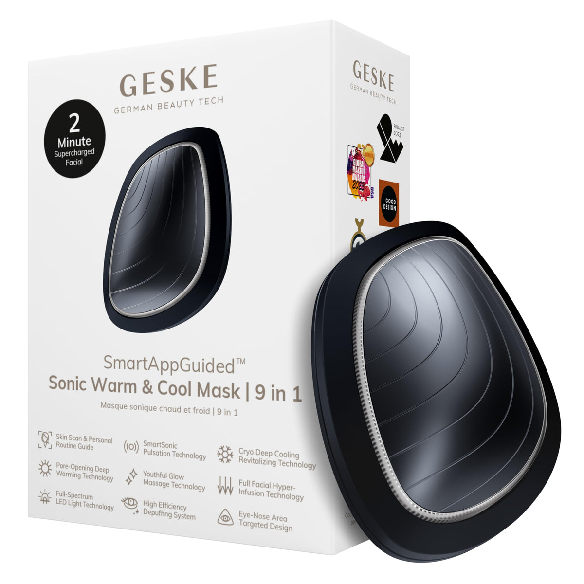 GESKE | SmartAppGuided™ Sonic Warm & Cool Mask | 9 en 1 | Máscara facial LED de belleza | Espectro LED completo y terapia de luz roja | Calor/frío | Mayor absorción de productosl | masajeador facial
