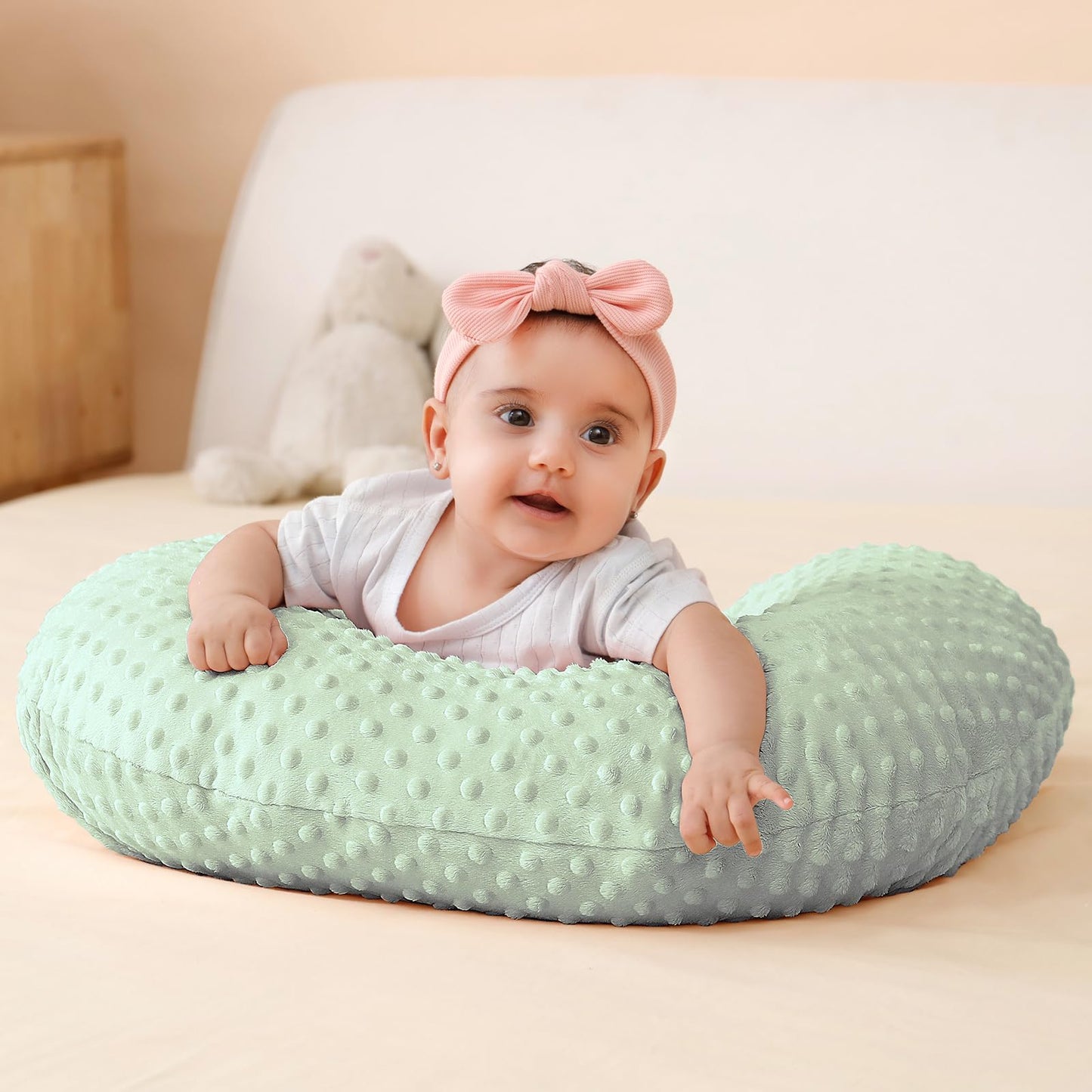 QUENESS Almohada y posicionador para lactancia, para alimentación con pecho y biberón, soporte para sentarse del bebé con cubierta ultra suave removible, soporte para tiempo boca abajo para bebés