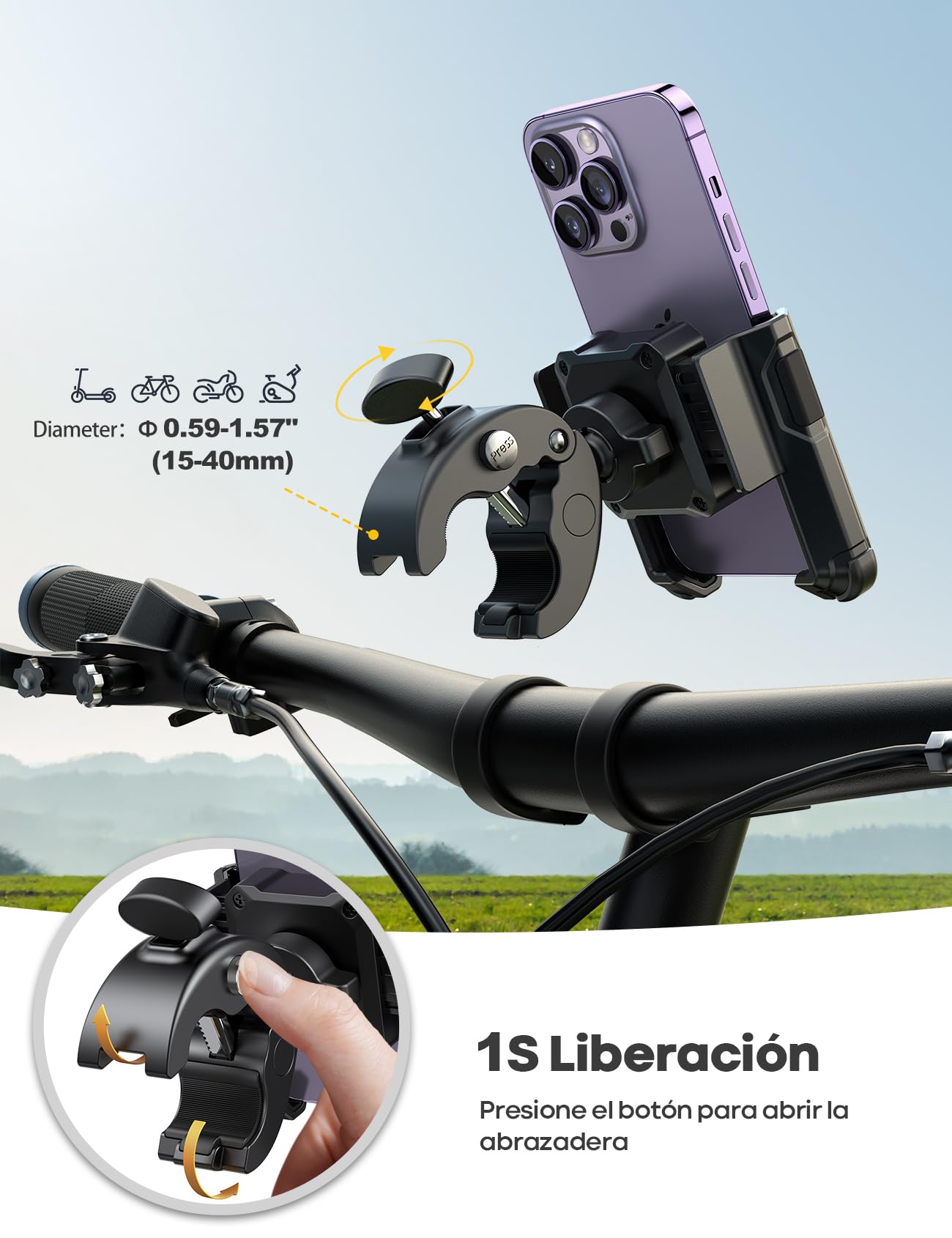 Lamicall Porta Celular para Moto - [No Cover Cámara] [1s Bloquear y Desbloquear] Soporte para Bicicleta Motocicleta para 2.4~3.54" Celular de Ancho, iPhone 16/15/14/13/12/11, Samsung, Xiaomi, Huawei