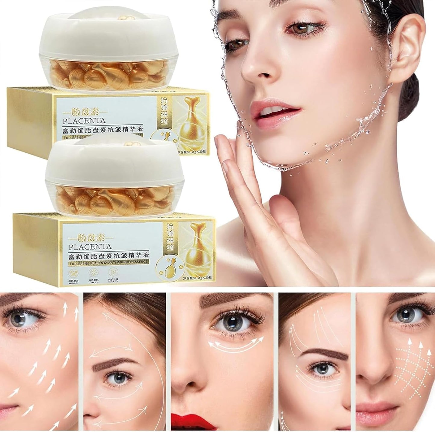 Fullerene Placenta Anti-Aging Capsules with Collagen Serum - Rejuvenate Skin for Youthful Glow | Fullerene Essence Skin Care Set - 2 Boxes