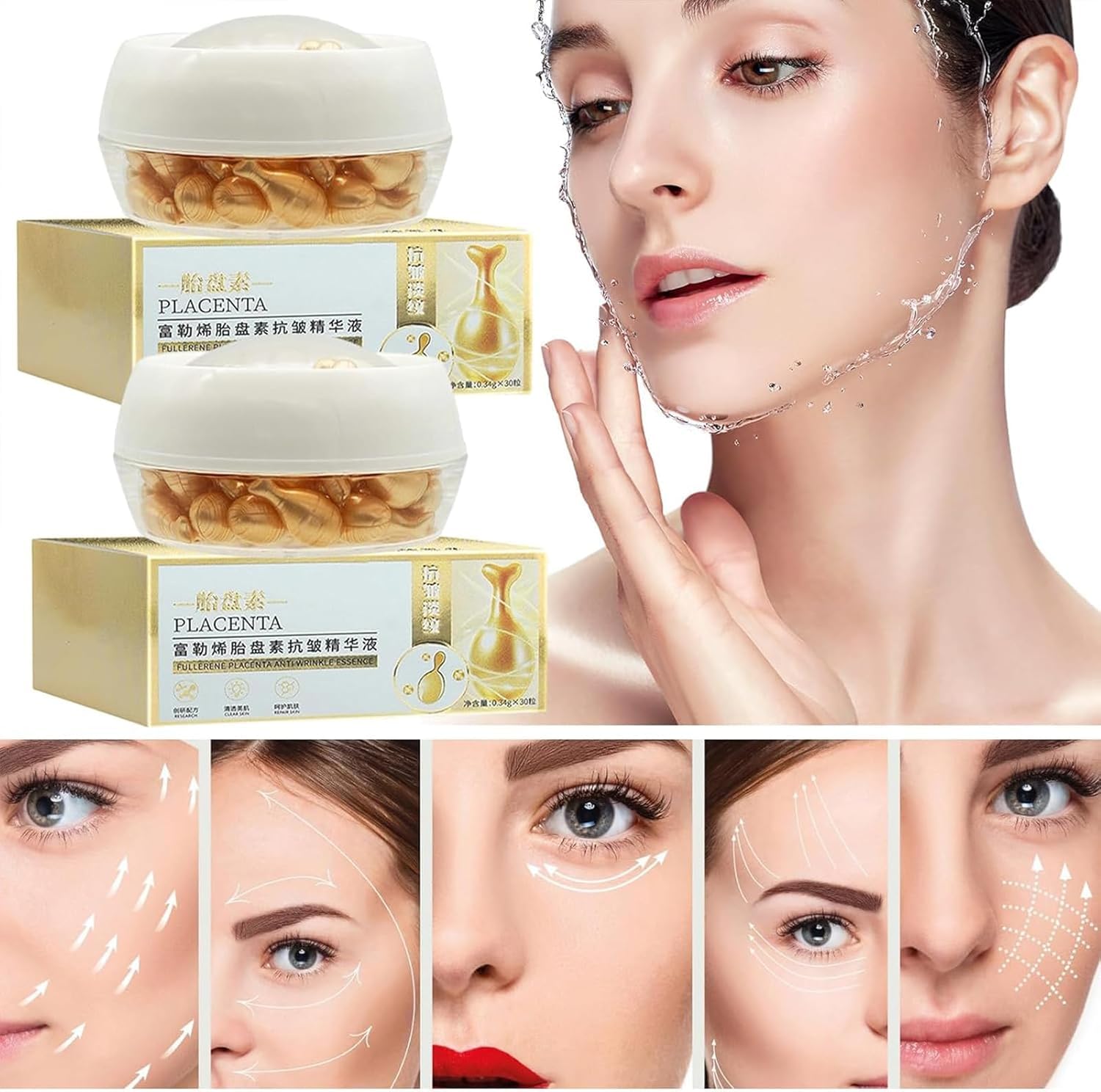Fullerene Placenta Anti-Aging Capsules with Collagen Serum - Rejuvenate Skin for Youthful Glow | Fullerene Essence Skin Care Set - 2 Boxes