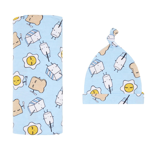 Little Sleepies - Juego de manta para envolver y sombrero, para bebés recién nacidos, viscosa suave de bambú (amigos de desayuno azules)