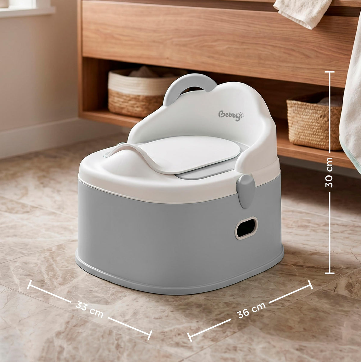 BEBBLY Bañito Entrenador Infantil 3 en 1, Bacinica, Asiento Reductor y Banco con Almacenamiento Antiderrapante para Niños de 6 Meses a 3 Años, Fácil de Limpiar, para Aprender a ir al Baño (Gris)
