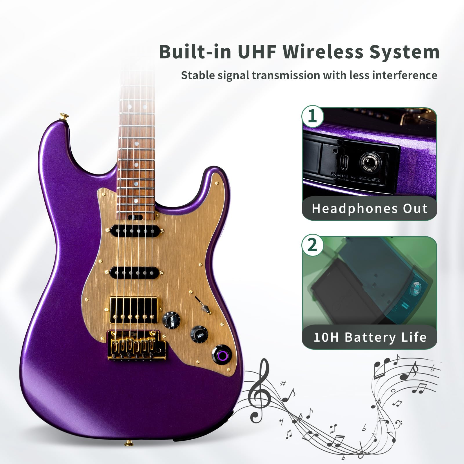 GTRS S900 - Kit de guitarra eléctrica inteligente con transmisor inalámbrico UHF, sistema inteligente de guitarra de práctica con 126 tipos de efectos, bucle de los 80, batería 40, Bettaty Life 10H, 6