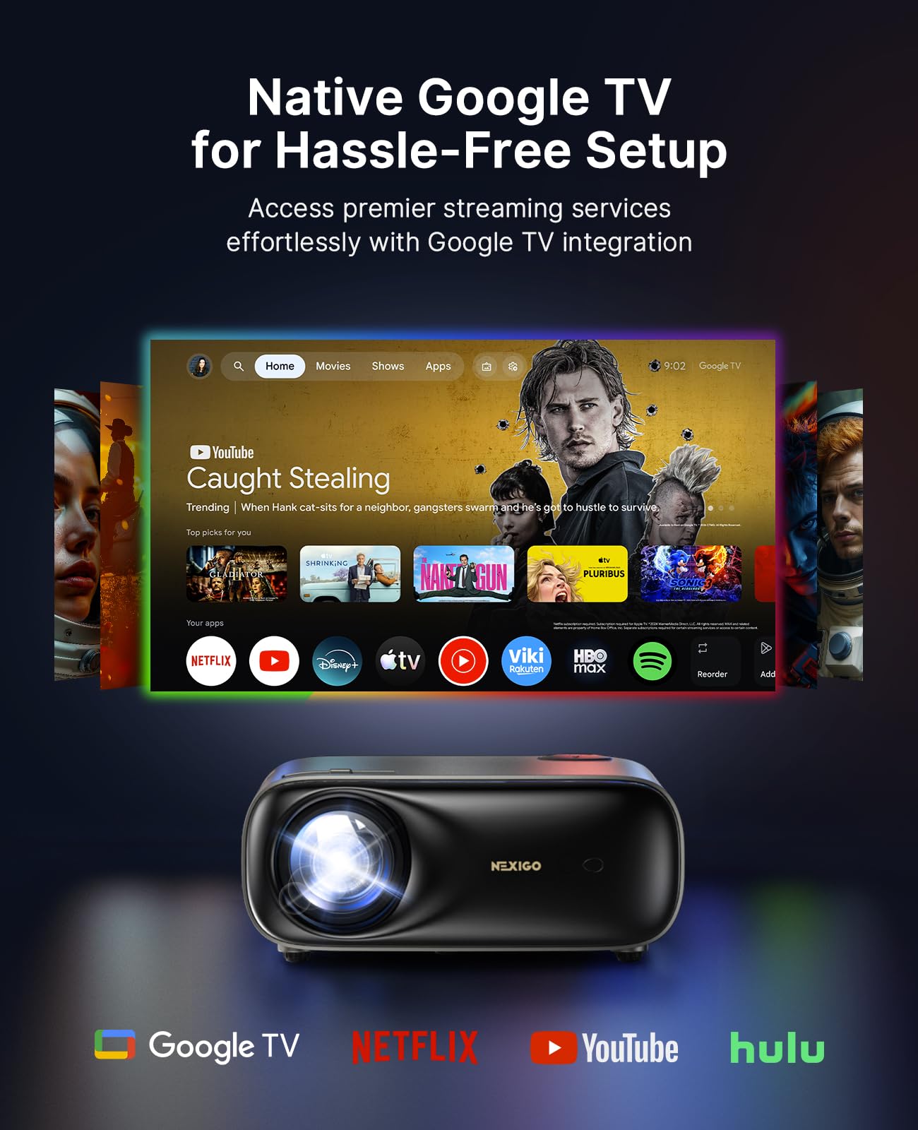 NexiGo PJ40 Pro Google TV Proyector, Native 1080p, soporte 4K, mejora de imagen AI, 800 lúmenes ANSI, proyector inteligente con piedra clave automática, altavoces de 20 W, control remoto