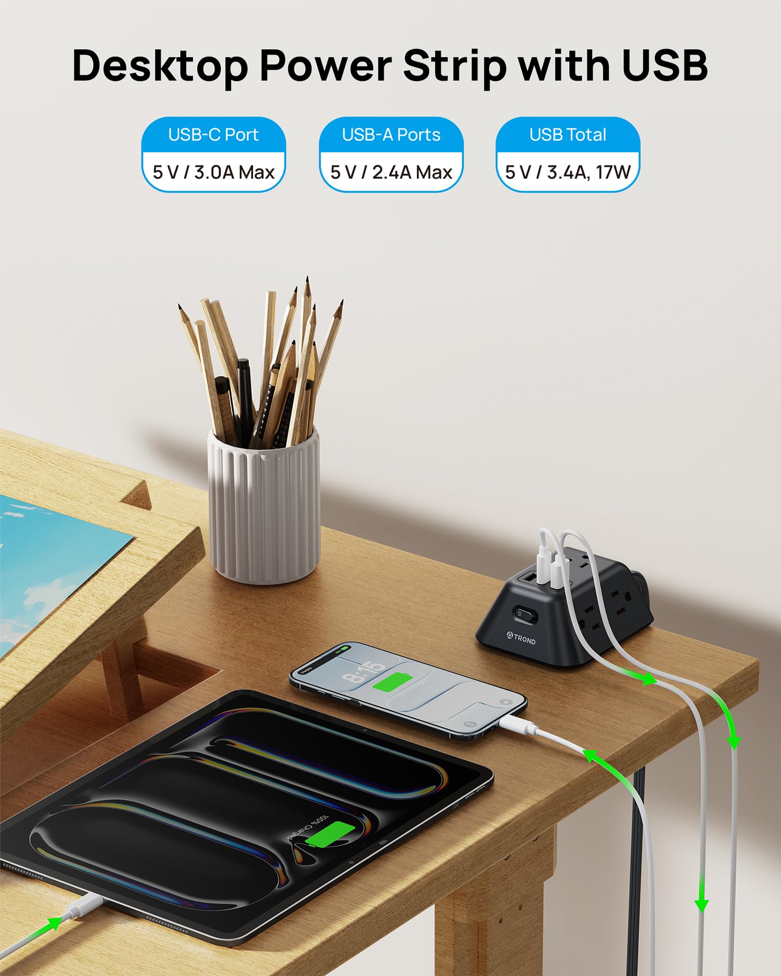 TROND Regleta Multicontacto con Abrazadera 3M, 5 Tomas AC y 3 Puertos USB, Protector de Sobretensión, Montaje en Escritorio, Apto para Mesas de 1.97", Ideal para Hogar, Oficina y Juegos,Negro