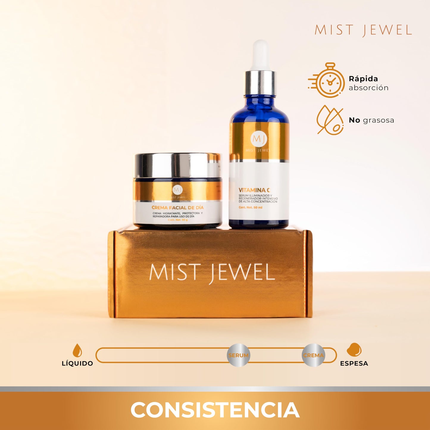 MIST JEWEL |Paquete Facial con serum Vitamina C + E + Ácido hialurónico y Crema de Día fotoprotectora FPS 30 Ácido Ferúlico y Vit C 50g | Skincare facial de máxima proteccion e hidratación para el día