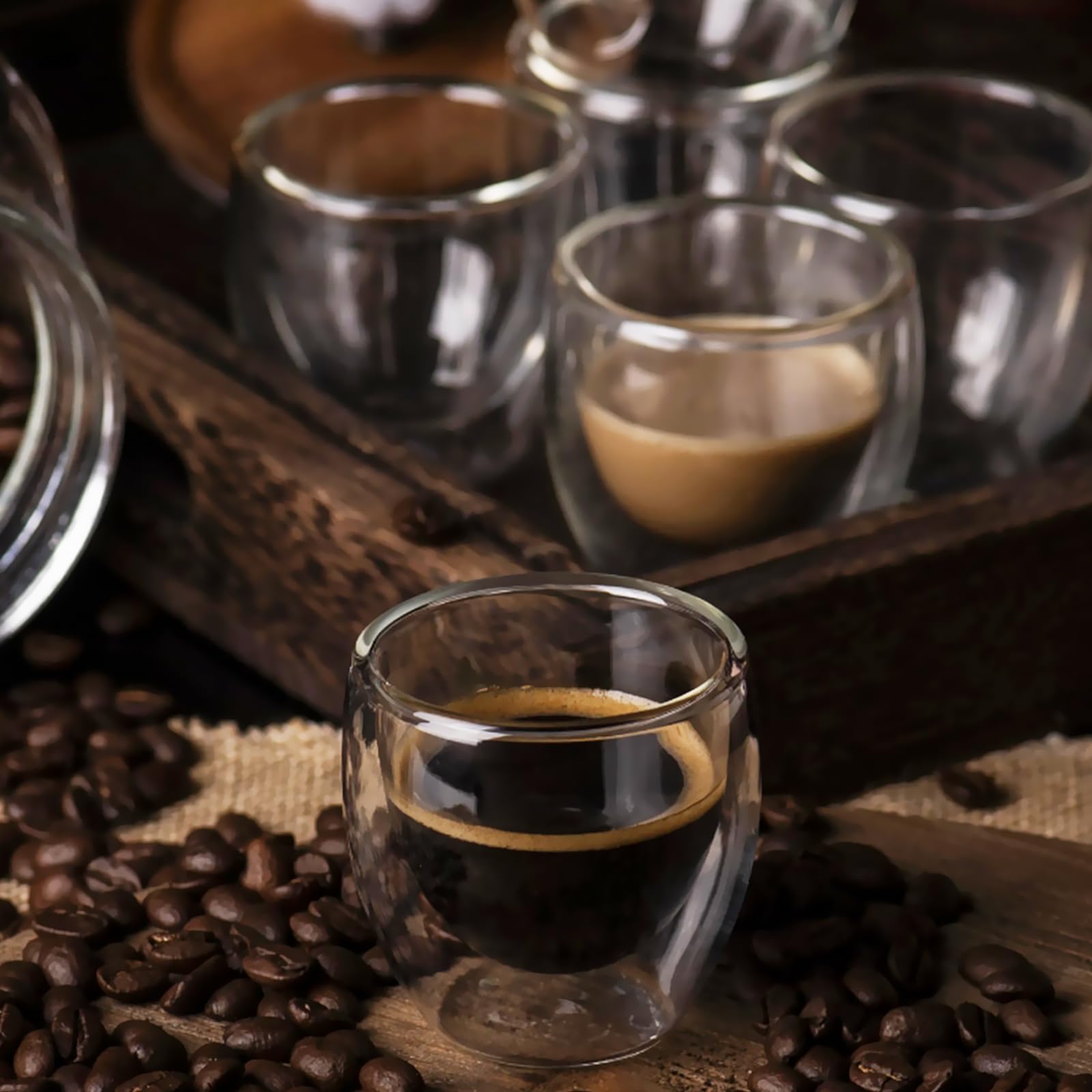 FAMILUCKY-6 Pcs 80ml Tazas de Café de Doble Vidrio, Vasos para Café de Doble Pared de Vidrio Tèrmico Borosilicato, Taza de Café Pequeña de 80 ml, Apto para Capuchino, Espresso, Té, etc