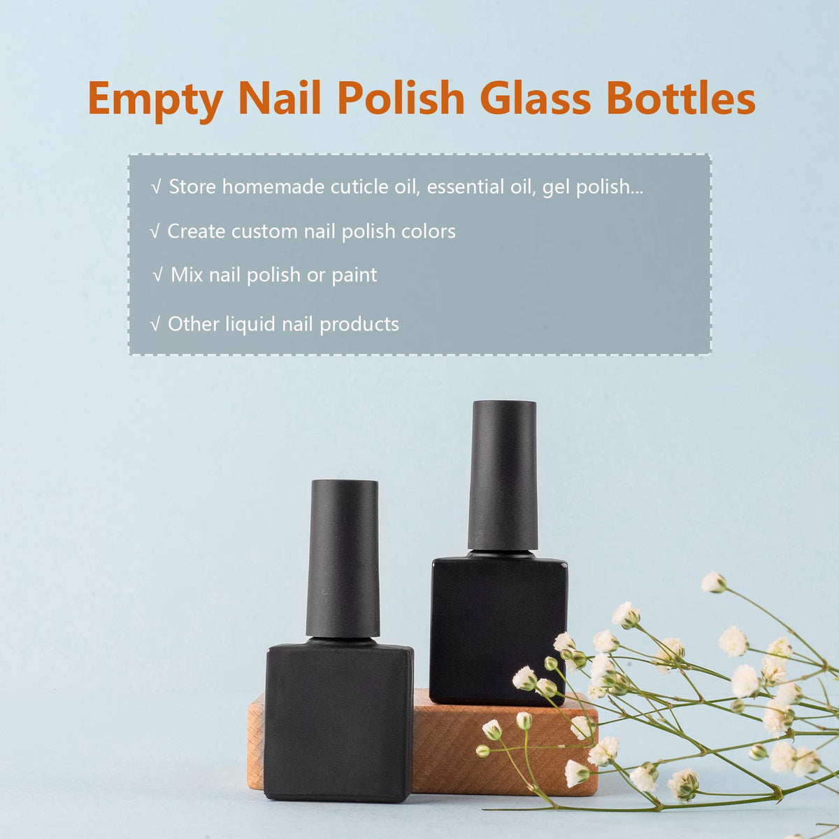 GTHER 20 botellas vacías de esmalte de uñas, botellas de vidrio rellenables, frascos con tapa de cepillo y embudo y bolas de mezcla, color negro (10 ml)