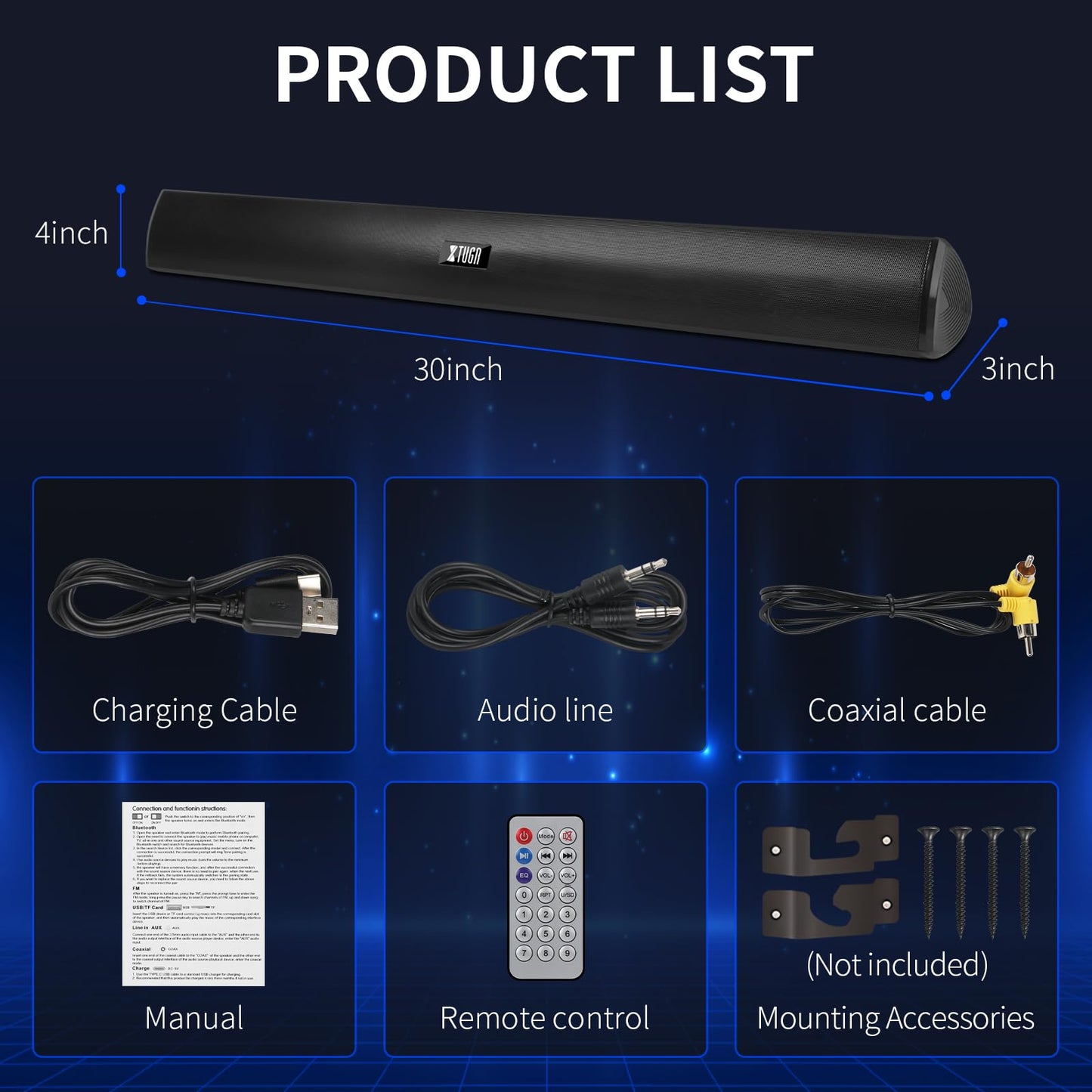 Barra de Sonido XTUGA Bluetooth Negro Inalámbrica para Teatro en Casa 2.0 Canales 40W