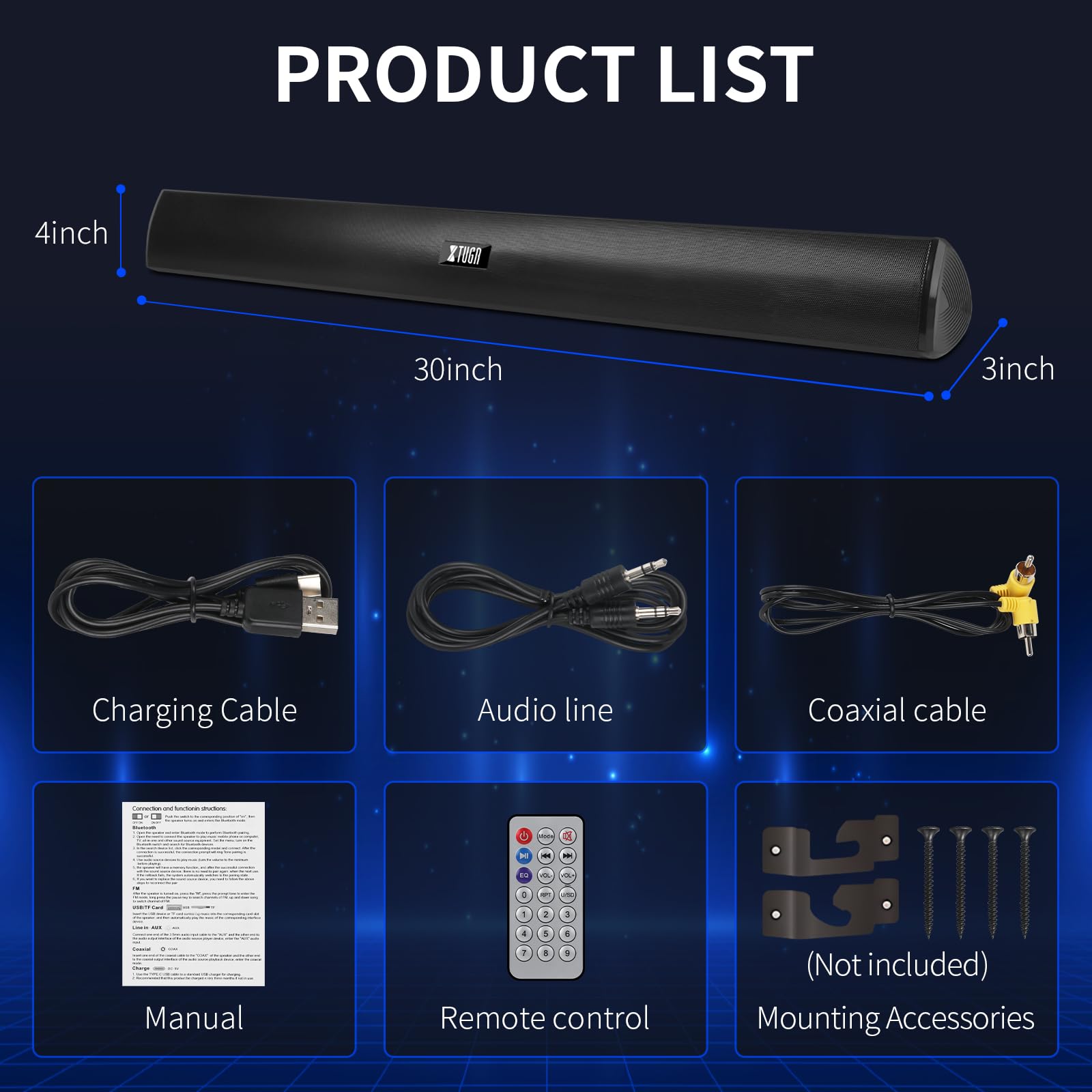 Barra de Sonido XTUGA Bluetooth Negro Inalámbrica para Teatro en Casa 2.0 Canales 40W