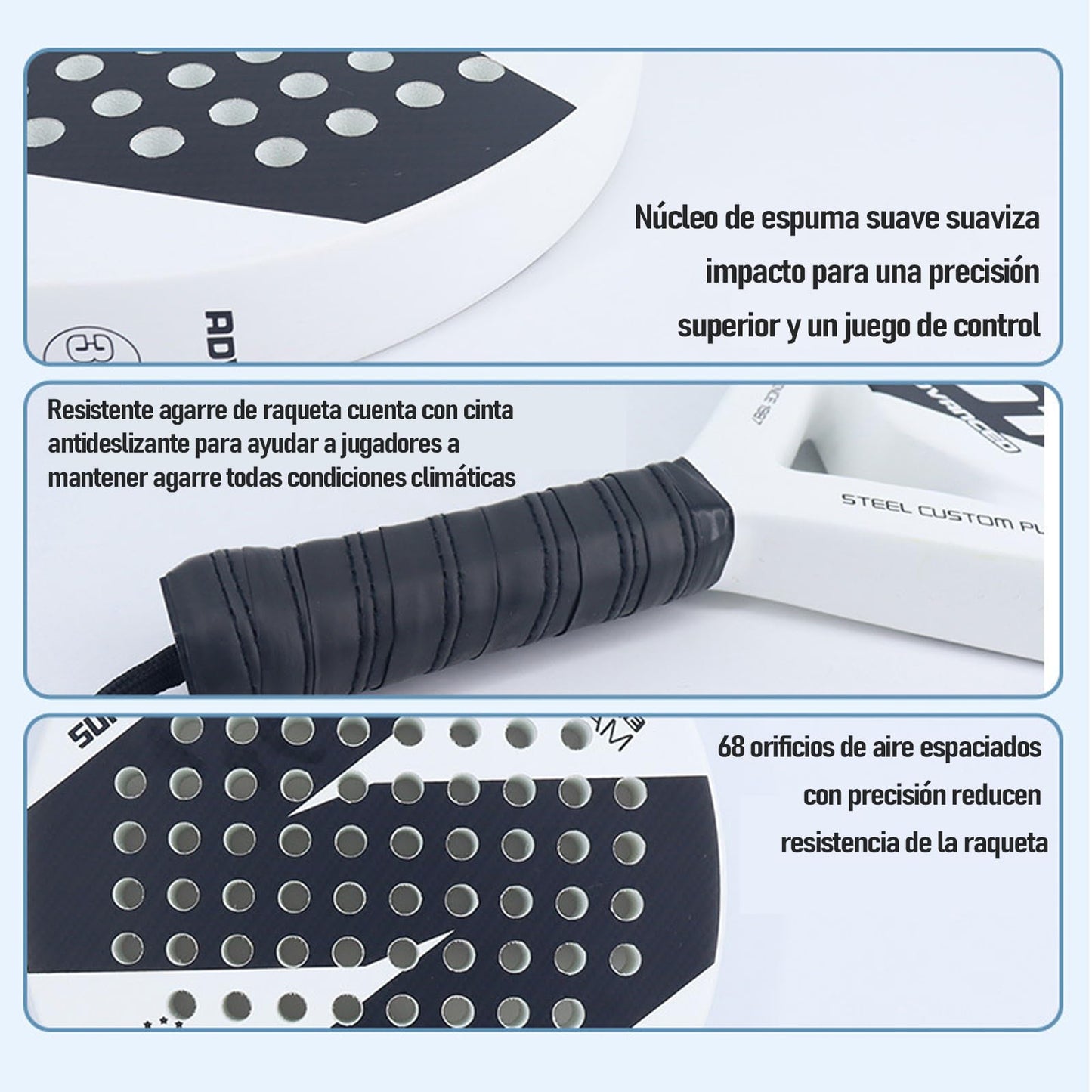 KUEIY Pala de pádel con Funda, con 3 Bolas y Grip, sándwich de Espuma EVA, Fabricada en Fibra de Carbono, Apta para Jugadores Principiantes e intermedios (Blanao)