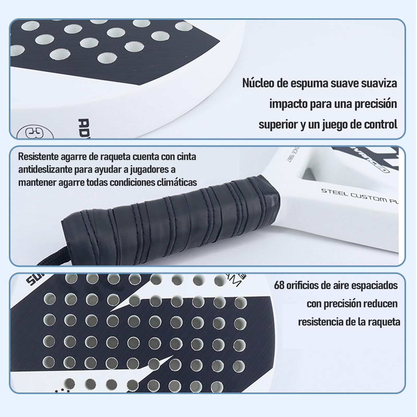 KUEIY Pala de pádel con Funda, con 3 Bolas y Grip, sándwich de Espuma EVA, Fabricada en Fibra de Carbono, Apta para Jugadores Principiantes e intermedios (Blanao)