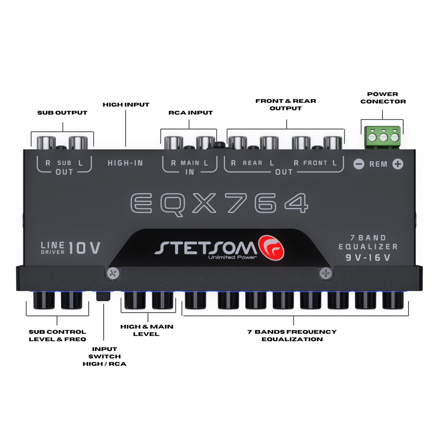 Ecualizador Gráfico de Audio Stetsom EQX764-7 Negro con Preamplificador y Subcontroles Dedicados para Coche