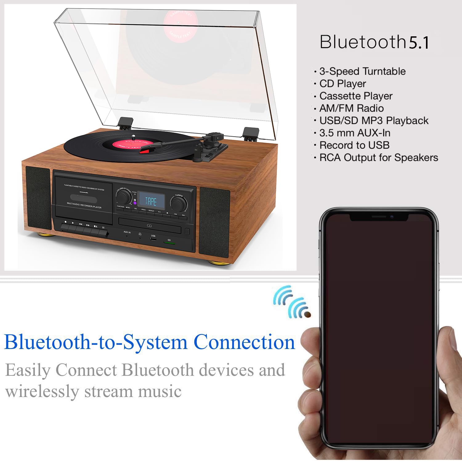 Boytone BT-38SM - Sistema de tocadiscos clásico Bluetooth, radio AM/FM, reproductor de CD/casete, 2 altavoces estéreo integrados, grabación de vinilo, radio y casete a MP3, ranura SD, USB, AUX.