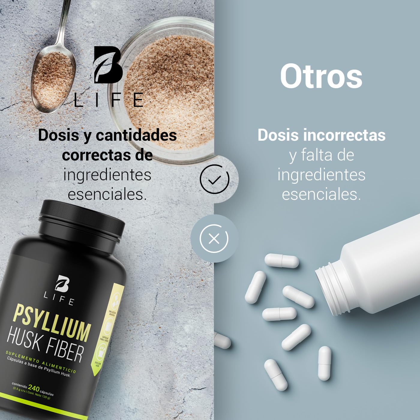 Fibra de Psyllium Husk (Plantago Ovata) 240 Cápsulas 2000 mg por porción. Ingredientes Naturales. Psyllium Husk Fiber B Life