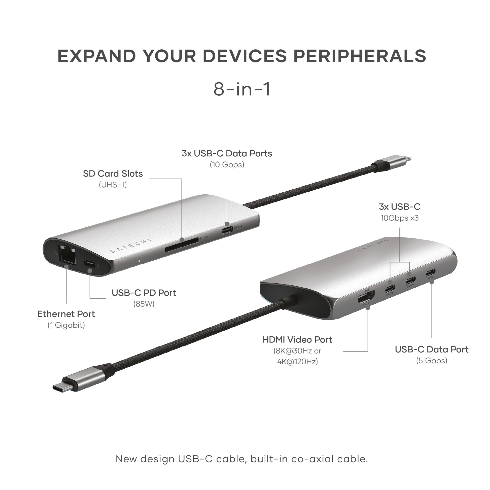Hub USB-C SATECHI Space Gray 8 en 1 con HDMI 8K y Carga 100W para Laptop y MacBook