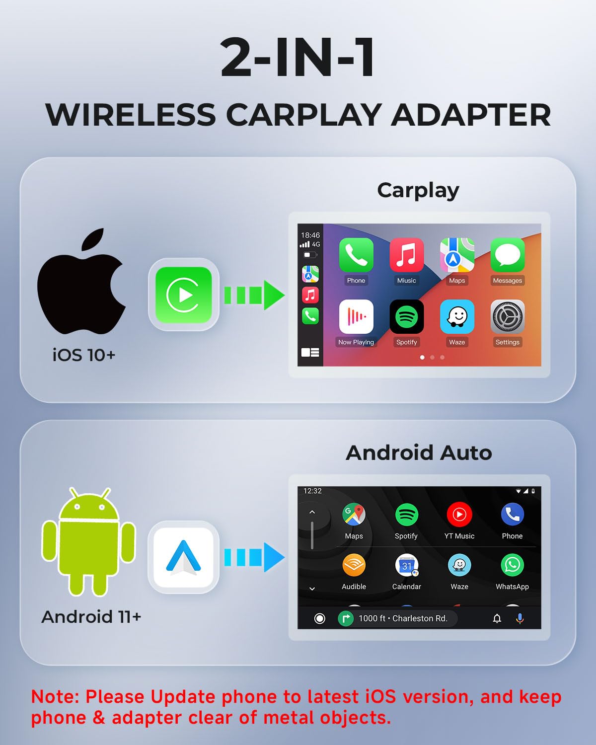 Adaptador Inalámbrico AuroraLink Azul 2 en 1 Rápido y Estable para CarPlay y Android Auto