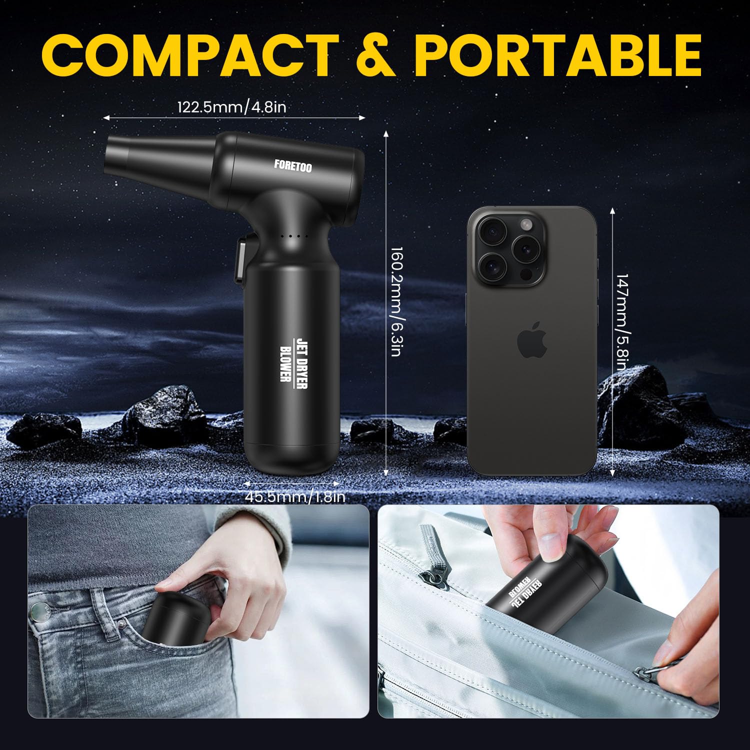 FORETOO - Plumero de aire comprimido, mini ventilador turbo recargable, ventilador de aire inalámbrico, 300000 rpm, secador de coche, 3 velocidades de marcha o limpieza de polvo de PC, camping,