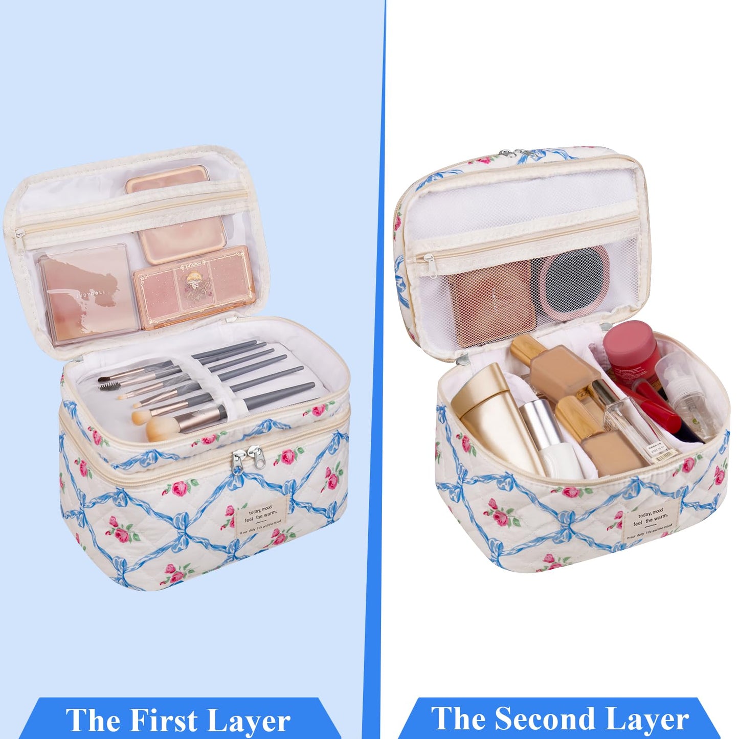 Bolsa de maquillaje, bolsa de cosméticos grande para mujeres y niñas, lindas bolsas de maquillaje acolchadas, bolsa de aseo estética de coqueta floral, bolsa organizadora de maquillaje de viaje (lazo