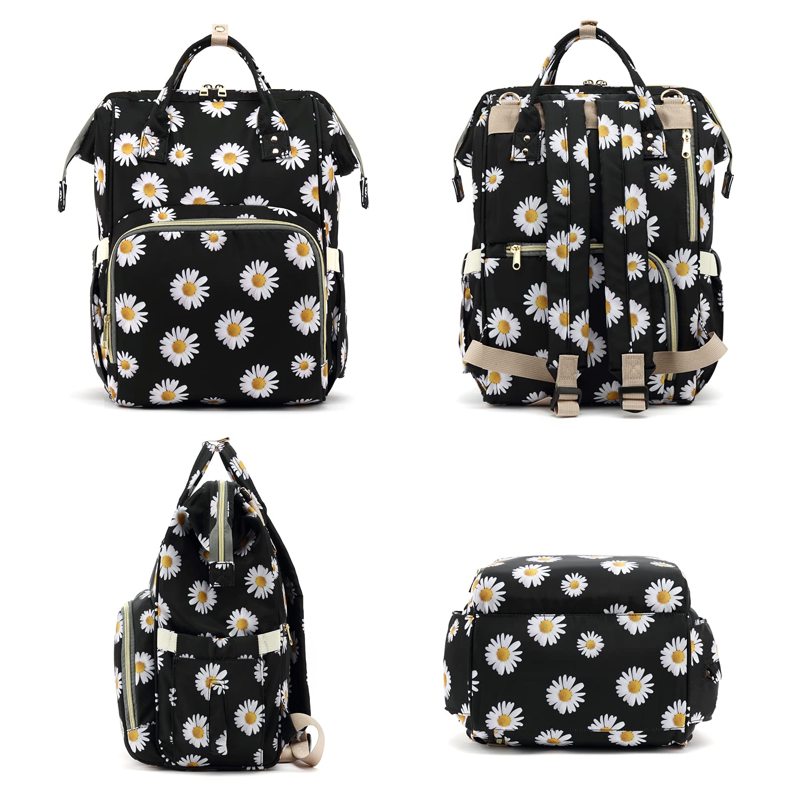 Mochila floral para pañales para bebés, niñas y niños, Yusudan Flowers Mom Pañales para mujeres (margarita negra)