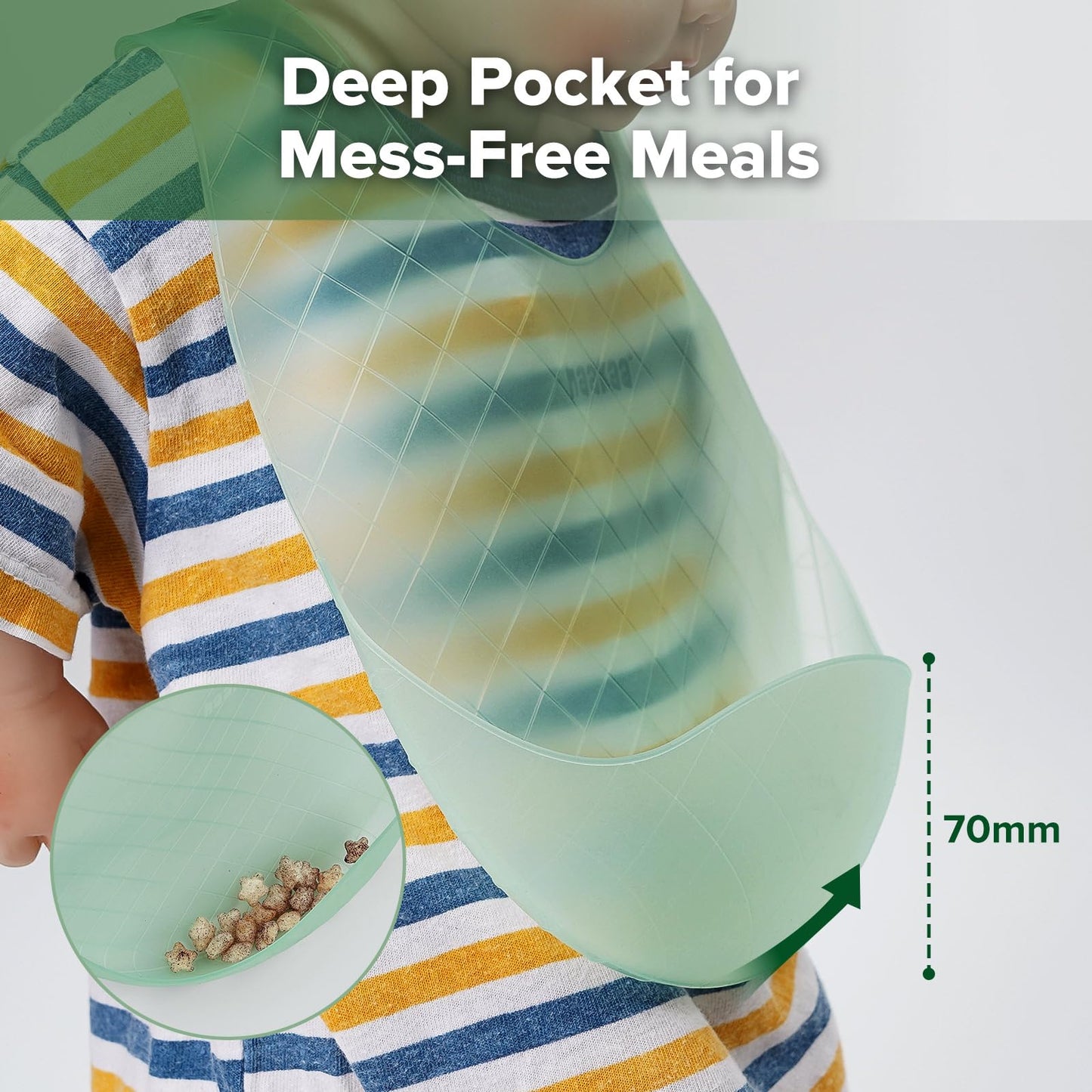 Haakaa - Babero de silicona ligero con bolsillo de silicona ultraligero y plegable, con bolsillo profundo para recoger alimentos, diseño impermeable ajustable, artículos esenciales para la