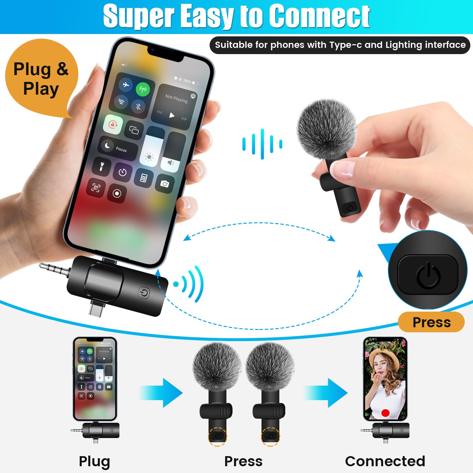 Micrófono Lavalier Inalámbrico 4 en 1 Ultra Bajo Retardo con Reducción de Ruido para iPhone USB C Android Cámara y Computadora Portátil