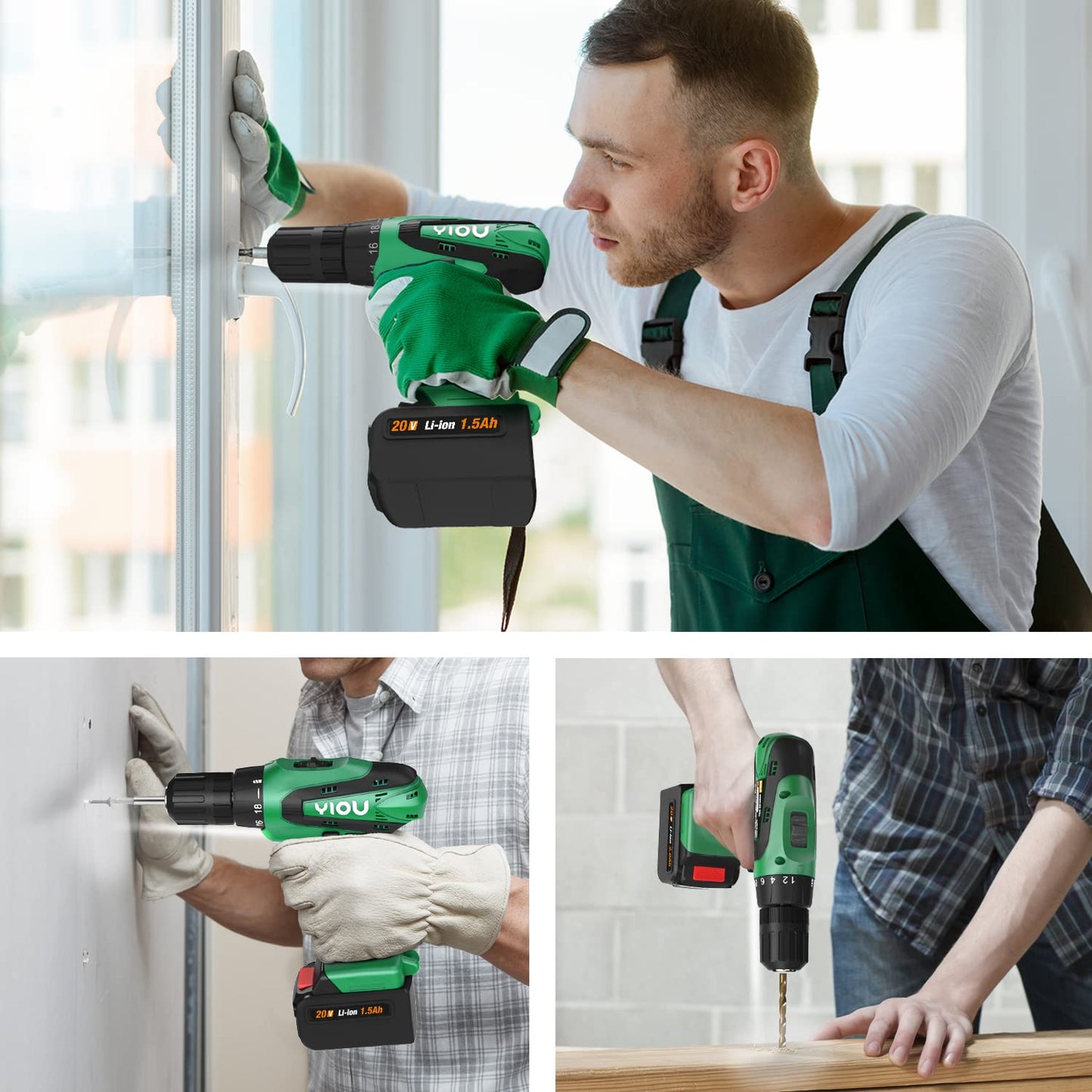 YIOU - Taladro inalámbrico de 20 V MAX, 18+1 embrague, 2 velocidades, 3/8 pulgadas, juego de brocas de 23 piezas, cargador de batería, verde, proyectos de bricolaje para el hogar