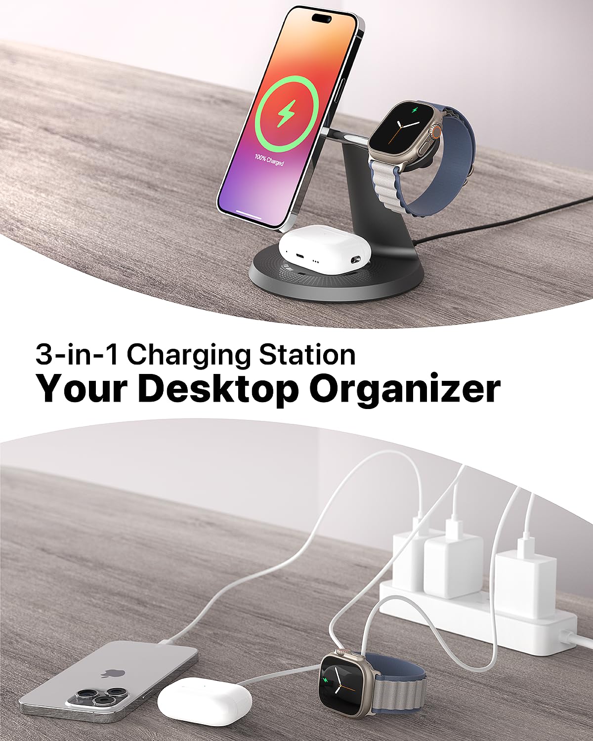 Estación de Carga Inalámbrica 3 en 1 con MagSafe para iPhone 12-16 iWatch y AirPods