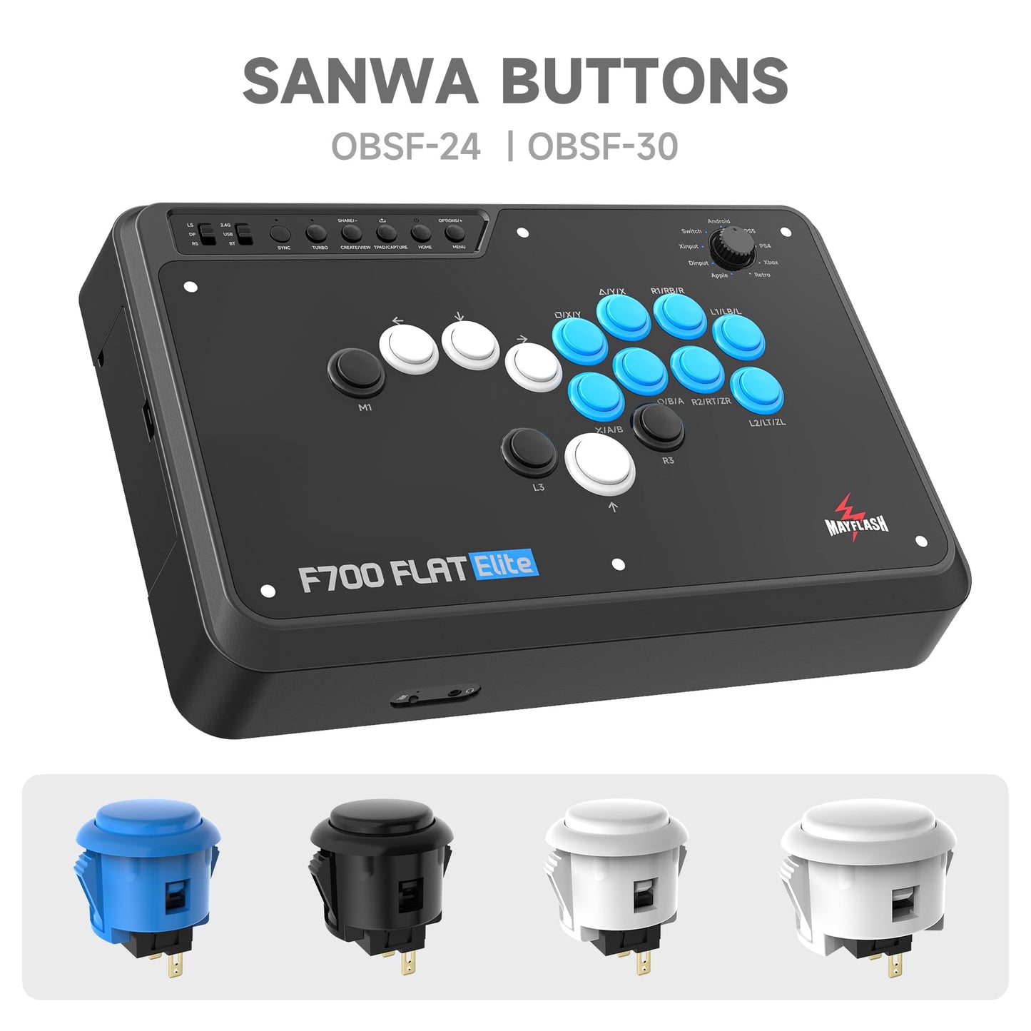 Controlador Arcade Sin Palanca MAYFLASH F700 Negro con Botones Sanwa Compatible con PS5, PS4, PC, Xbox Series S/X y Switch con Soporte Bluetooth, 2.4G y Cableado
