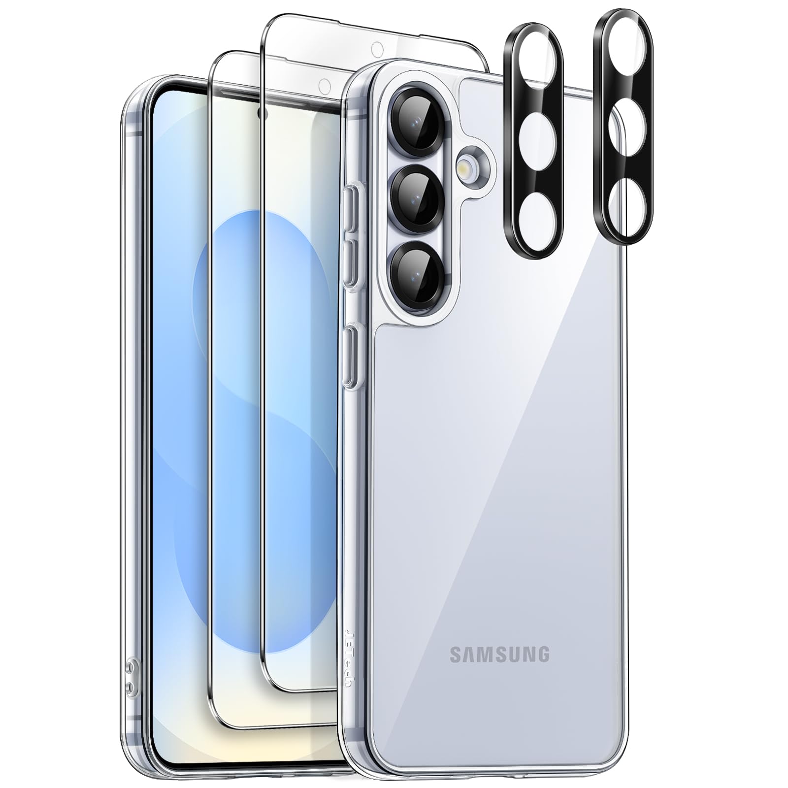 JETech 5 en 1 Funda para Samsung Galaxy S25 5G con 2 Protector Pantalla Mica Cristal Vidrio Templado y 2 Protector Lente Cámara, Carcasa Anti-Amarillo Antigolpes (Transparente)
