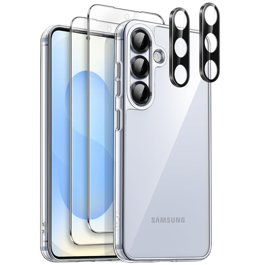 JETech 5 en 1 Funda para Samsung Galaxy S25 5G con 2 Protector Pantalla Mica Cristal Vidrio Templado y 2 Protector Lente Cámara, Carcasa Anti-Amarillo Antigolpes (Transparente)