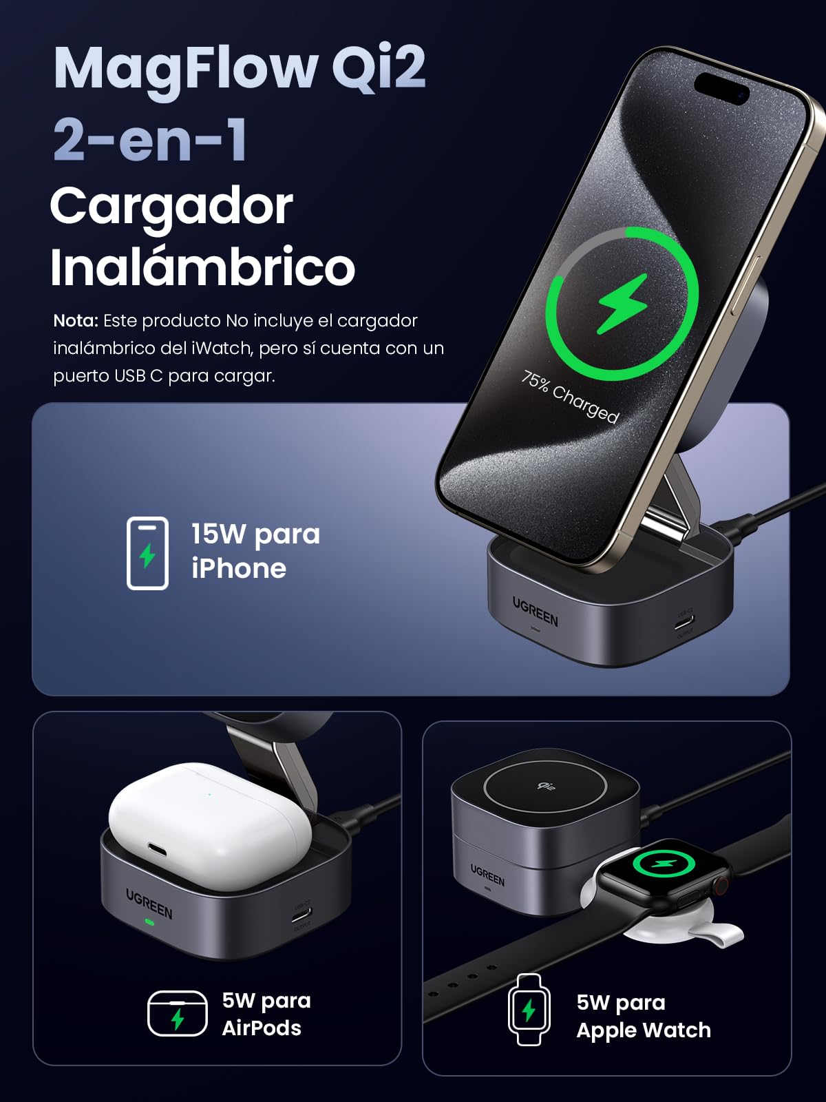Cargador Inalámbrico UGREEN Qi215W Plegable Magnética 2 en 1 para iPhone y AirPods