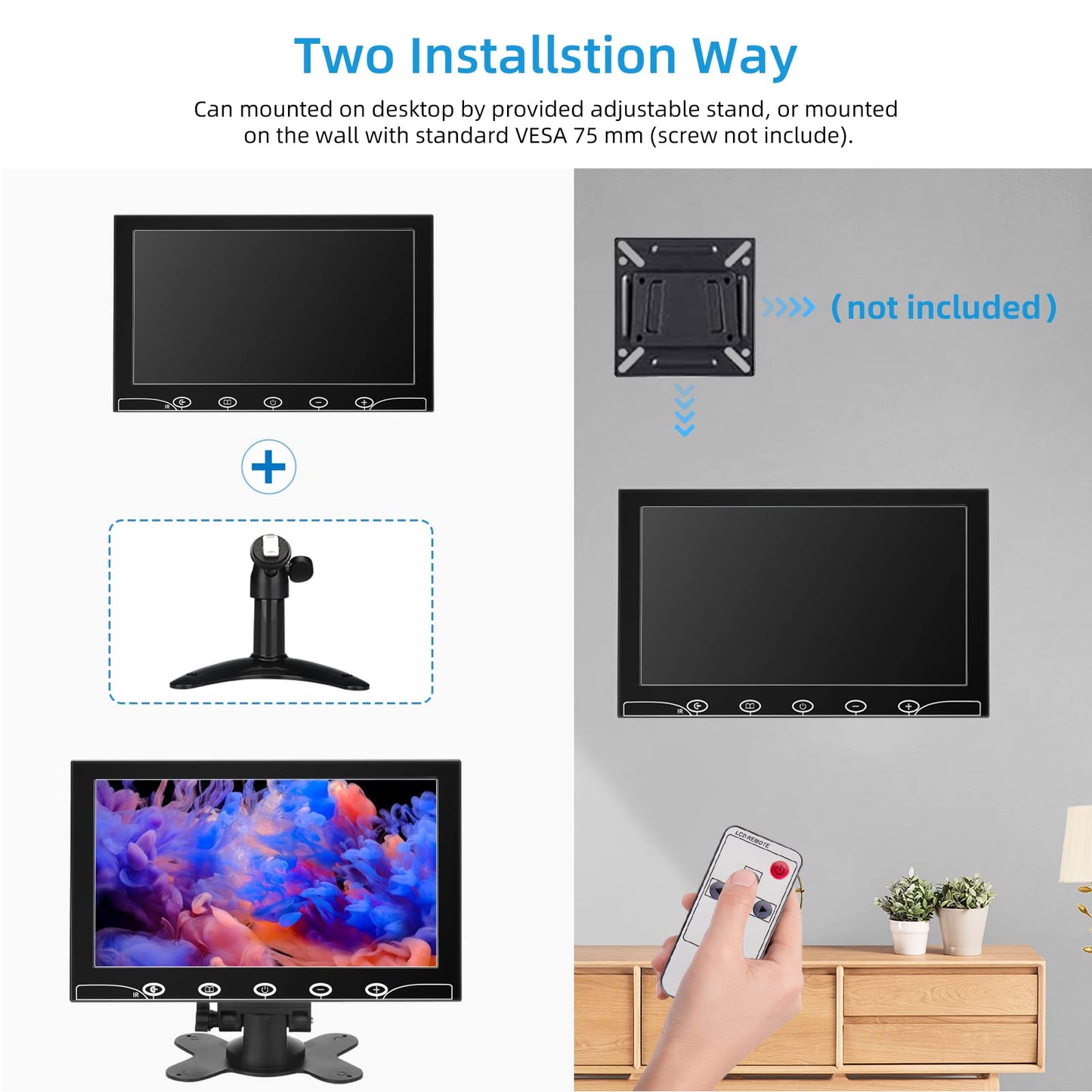 Monitor de Seguridad AISHICHEN 7 Pulgadas 1024x600 HDMI con Control Remoto y Altavoces Integrados para CCTV