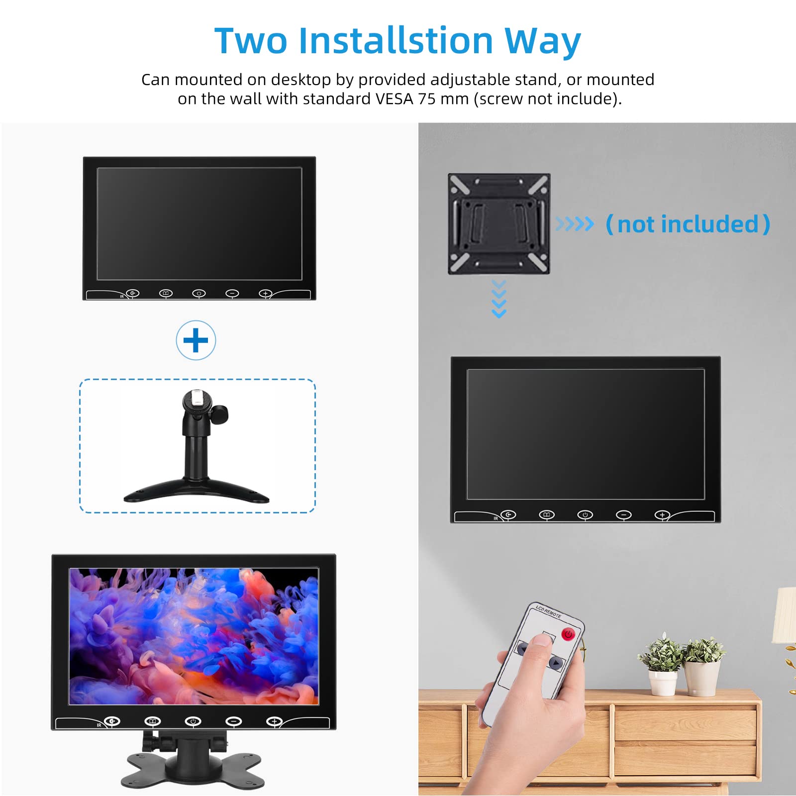 Monitor de Seguridad AISHICHEN 7 Pulgadas 1024x600 HDMI con Control Remoto y Altavoces Integrados para CCTV